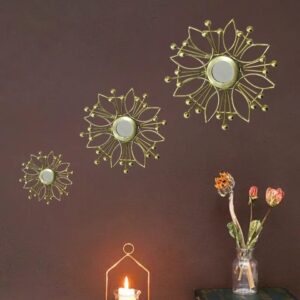 GARDEN DECO Metal golden wall art with mirror (Set of 3 Pcs)