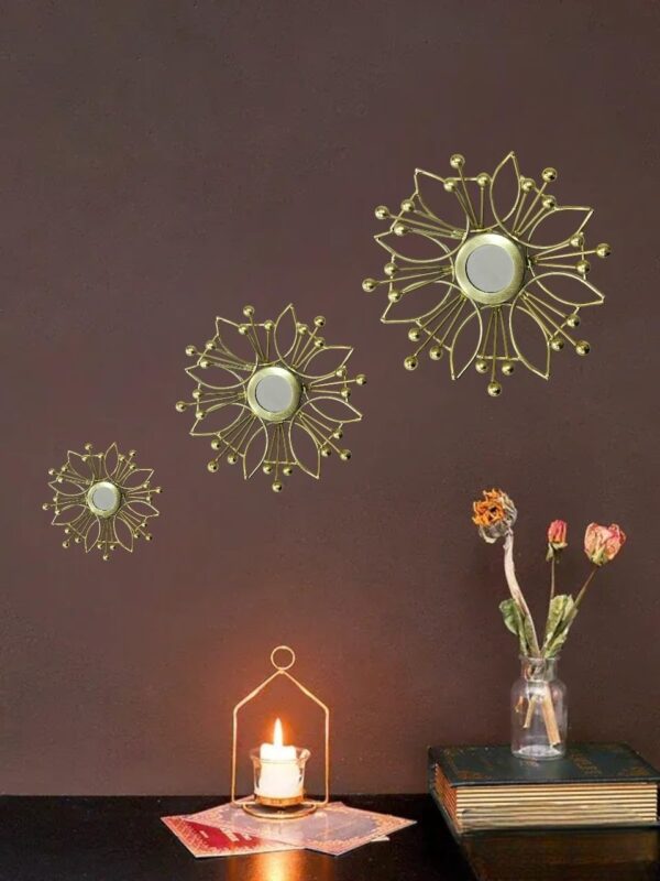 GARDEN DECO Metal golden wall art with mirror (Set of 3 Pcs)