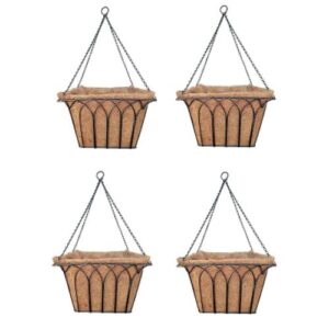 GARDEN DECO 14 Inch Square Metal Hanging Basket (Color-Black, Set of 4 Pcs)