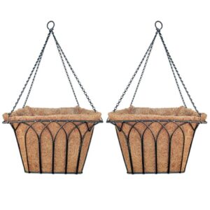 GARDEN DECO 14 Inch Square Metal Hanging Basket (Color-Black, Set of 2 Pcs)