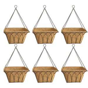 GARDEN DECO 14 Inch Square Metal Hanging Basket (Black, Set of 6 Pcs)