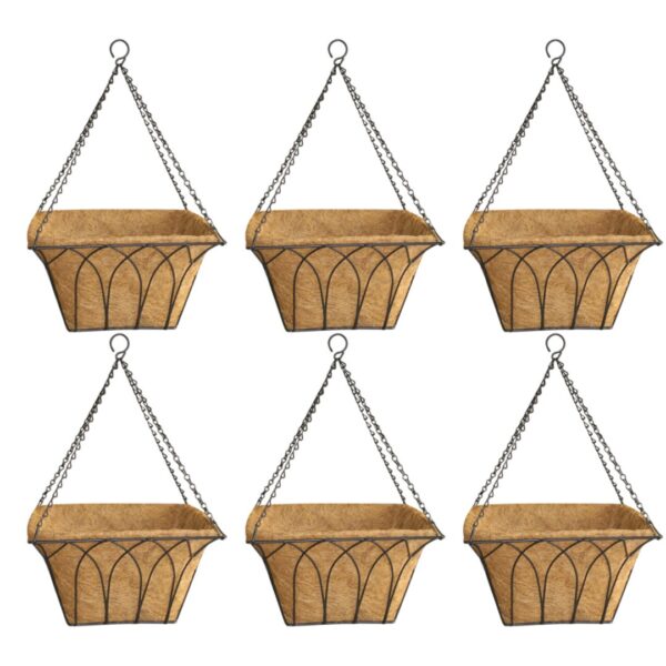 GARDEN DECO 14 Inch Square Metal Hanging Basket (Black, Set of 6 Pcs)